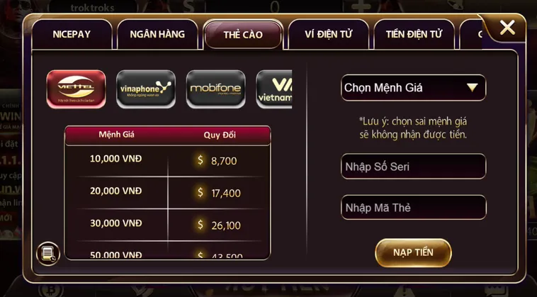 Hỗ trợ tất cả nhà mạng: Viettel - Mobifone - Vinaphone - Vietnamobile Nạp là có tiền ngay